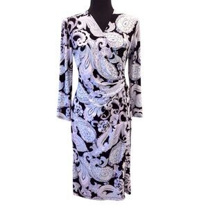 BLACK LABEL by Evan Picone Dress Black Paisley Pastel Wrap Style Size 4 Womens